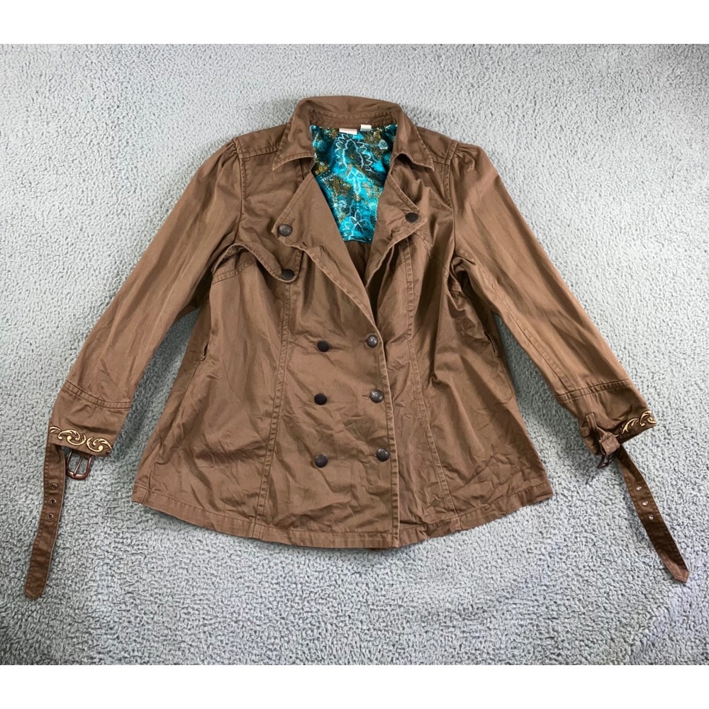 Venezia Double Breasted Trench Coat Jacket Women 18 20 Brown Embroidered Y2K‎